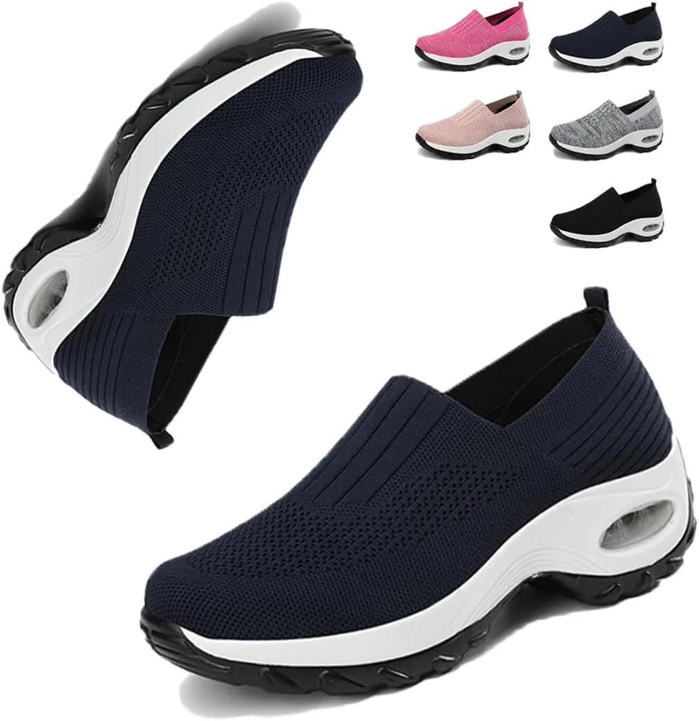 Air Cushion Slip On Walking Shoes,with Arch Support Non-Slip Orthopedic Stretch Walking Shoes,Slip-On Platform Mesh Stretch Wedge Sneakers