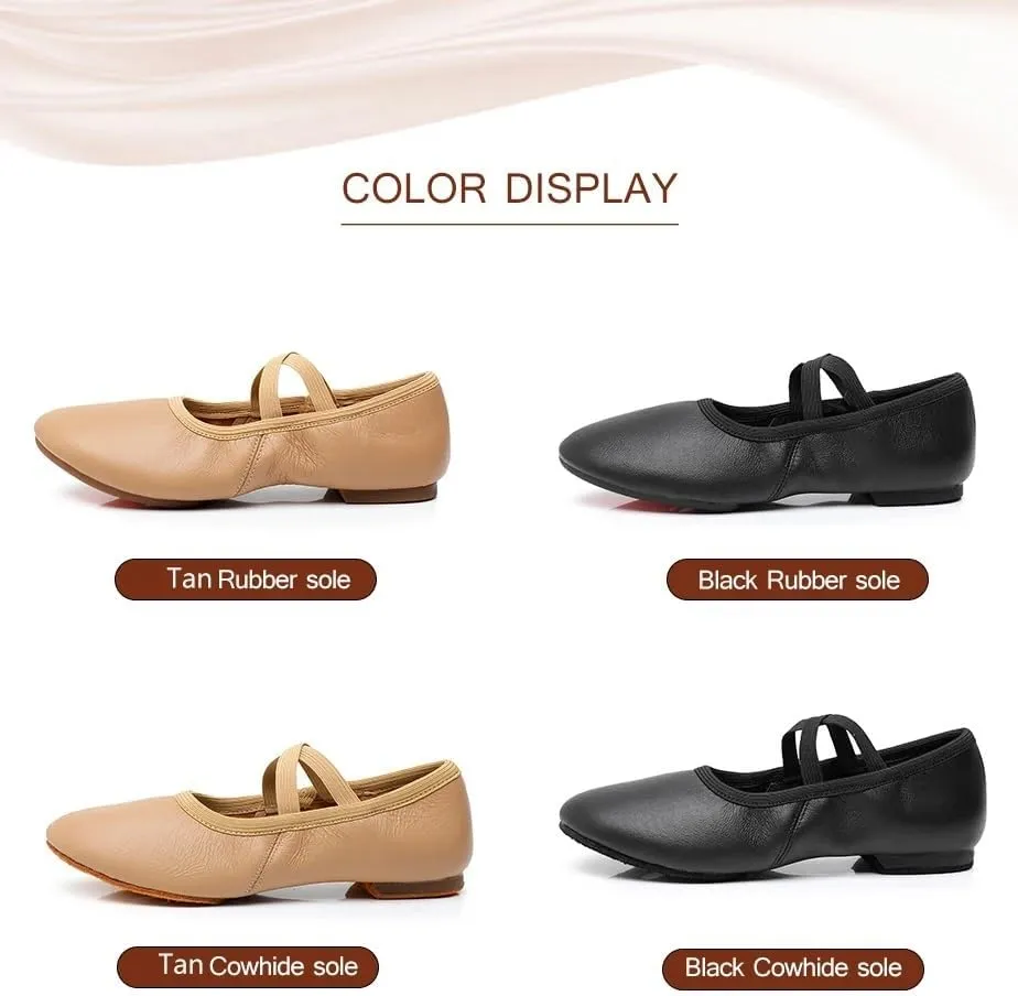 Ballet Shoes Genuine Leather Jazz Shoes Jazz Dance Shoes Tan Black Antiskid Sole Adults Dance Sneakers for Girls Women Dance Shoes(Black Rubber Sole,34)