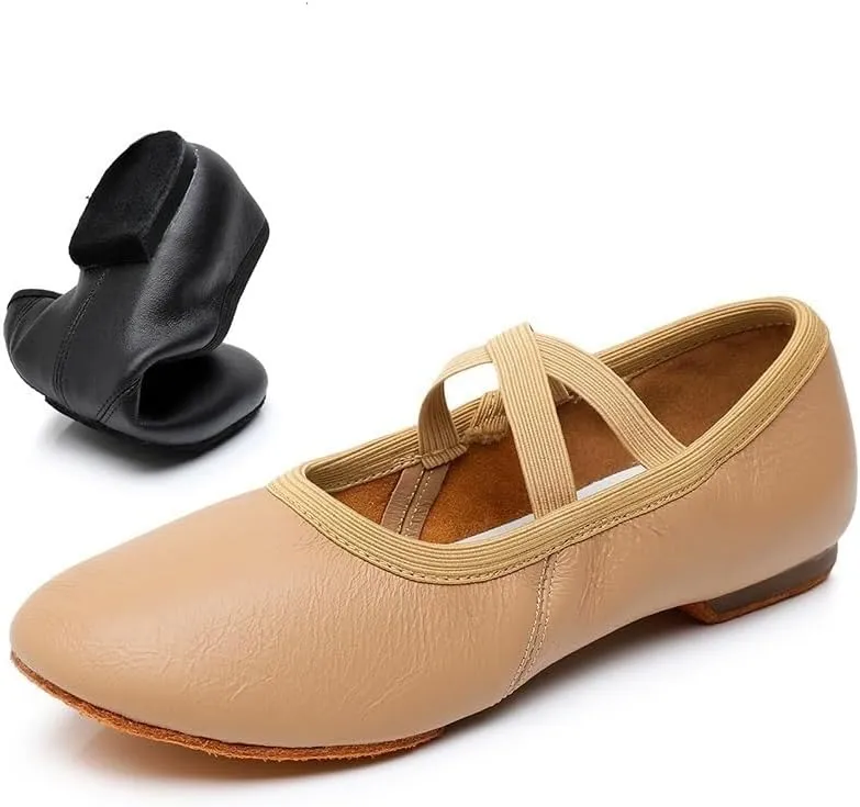 Ballet Shoes Genuine Leather Jazz Shoes Jazz Dance Shoes Tan Black Antiskid Sole Adults Dance Sneakers for Girls Women Dance Shoes(Black Rubber Sole,34)