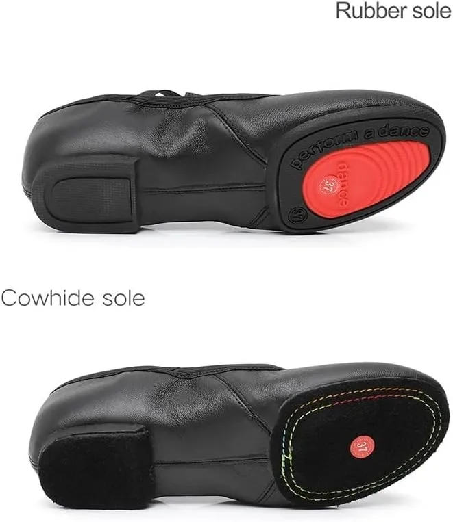 Ballet Shoes Genuine Leather Jazz Shoes Jazz Dance Shoes Tan Black Antiskid Sole Adults Dance Sneakers for Girls Women Dance Shoes(Black Rubber Sole,34)