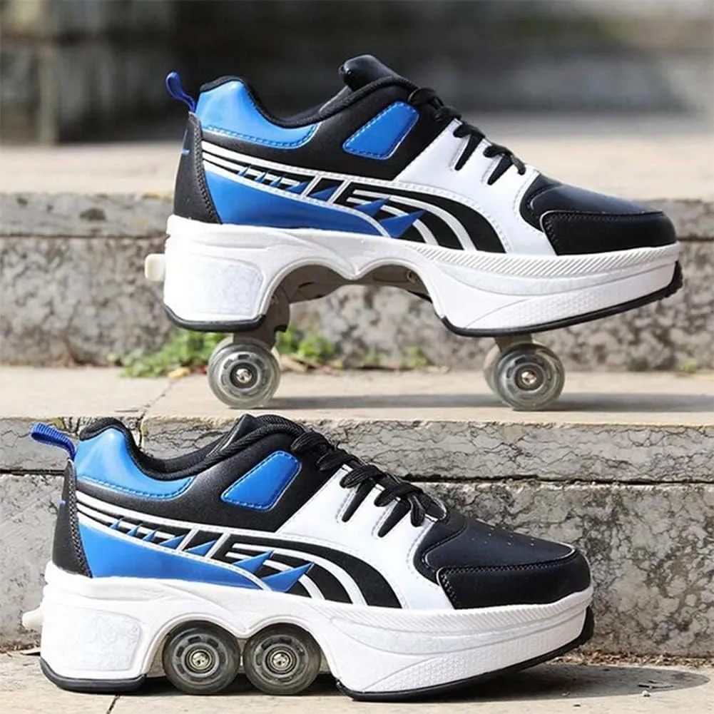Deformation Roller Shoes Male and Female Skating Shoes 2-in-1 Parkour Shoes/Inline Roller Skating Shoes Invisible Roller Skate with Double-Row Deform Wheel Outdoor Sports Kick Rollershoes