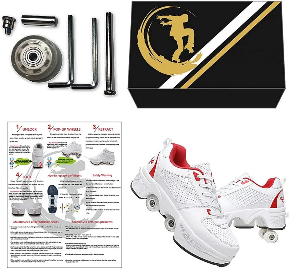 Deformation Roller Shoes Male and Female Skating Shoes 2-in-1 Parkour Shoes/Inline Roller Skating Shoes Invisible Roller Skate with Double-Row Deform Wheel Outdoor Sports Kick Rollershoes