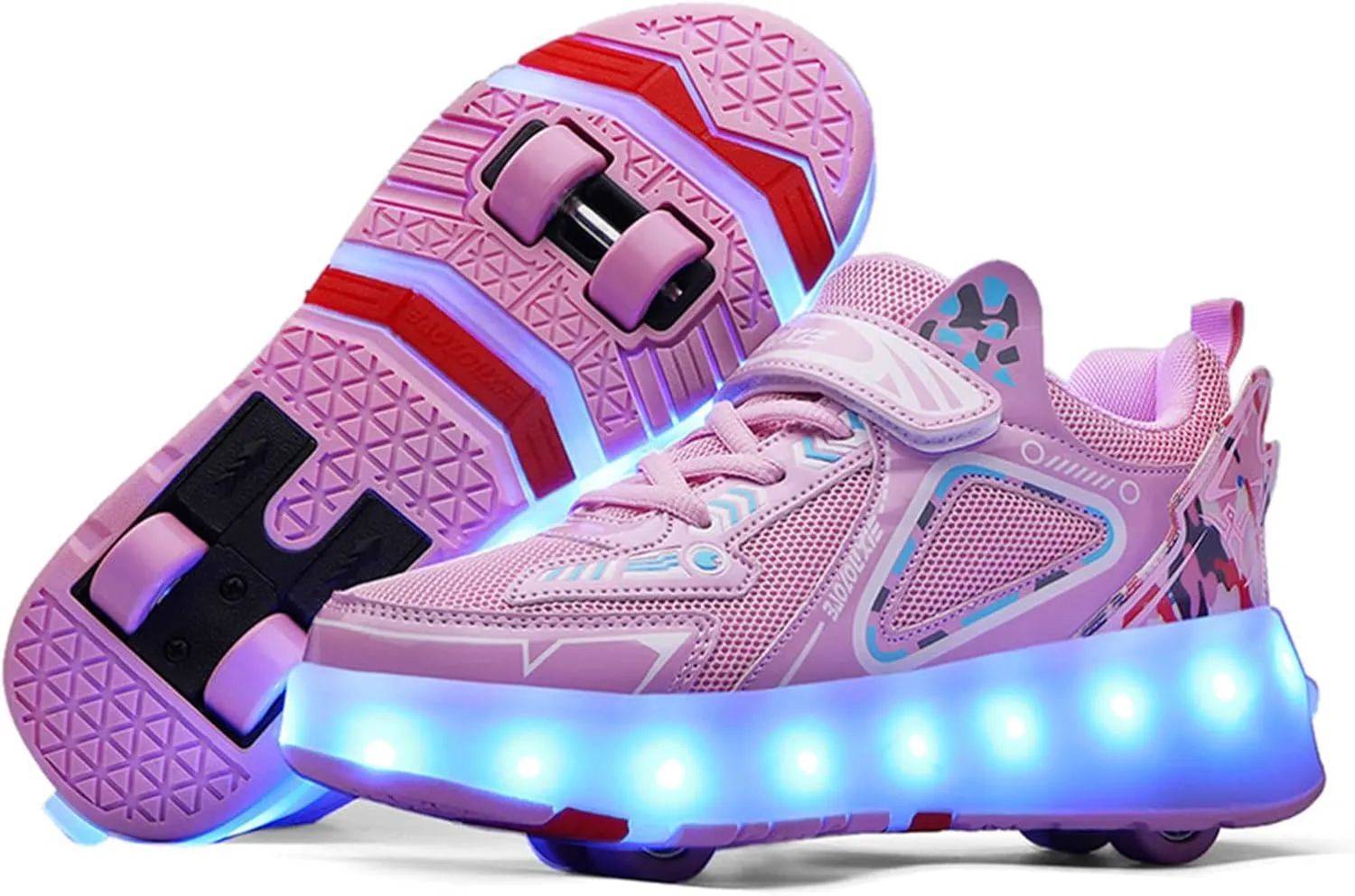 EMDPBD Kids Roller Skates Shoes with USB Chargeable, LED Light Up Roller Shoes with 4 Wheels, Roller Shoes Girls Boys Sneakers Best Gifts,Pink-12.5LittleKid