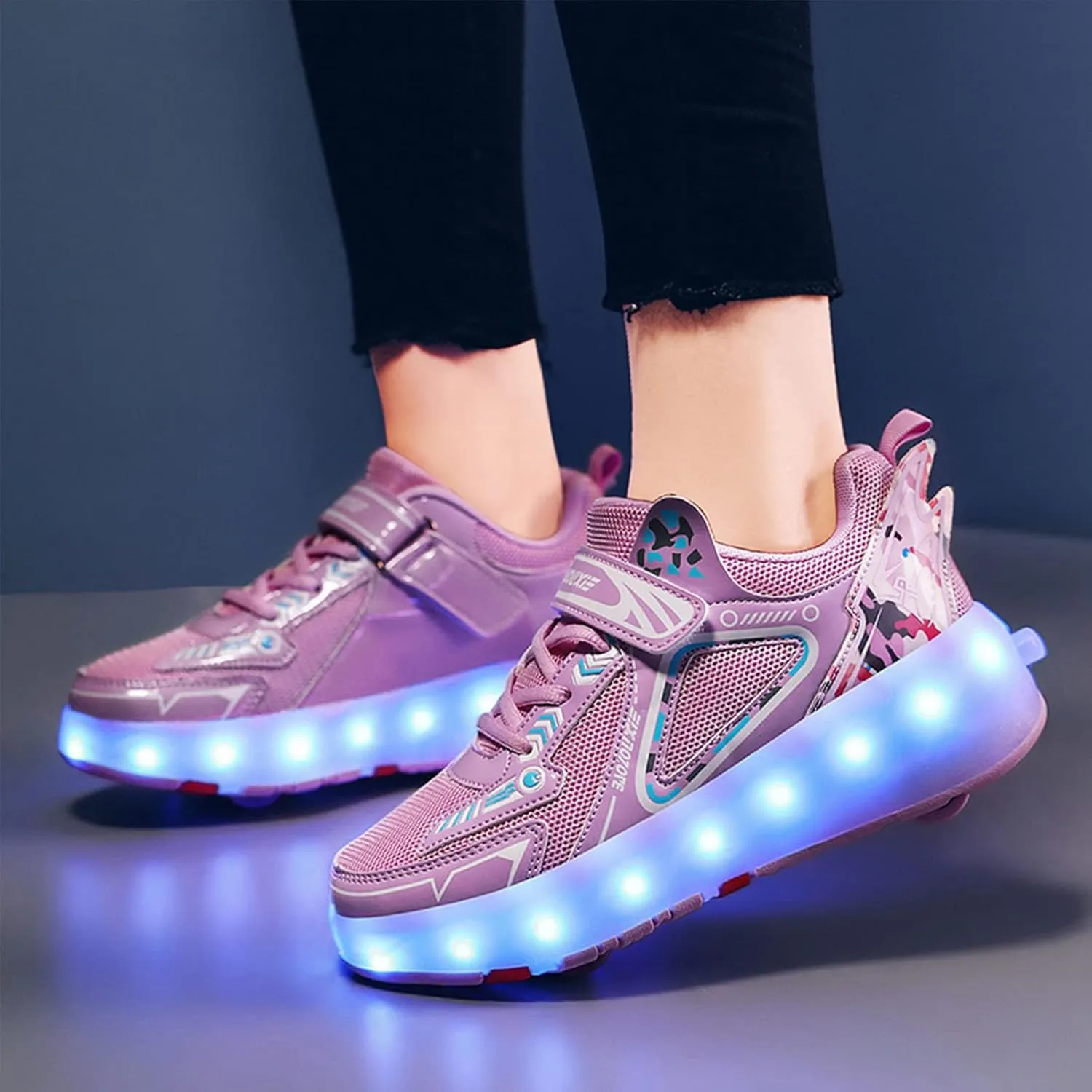 EMDPBD Kids Roller Skates Shoes with USB Chargeable, LED Light Up Roller Shoes with 4 Wheels, Roller Shoes Girls Boys Sneakers Best Gifts,Pink-12.5LittleKid