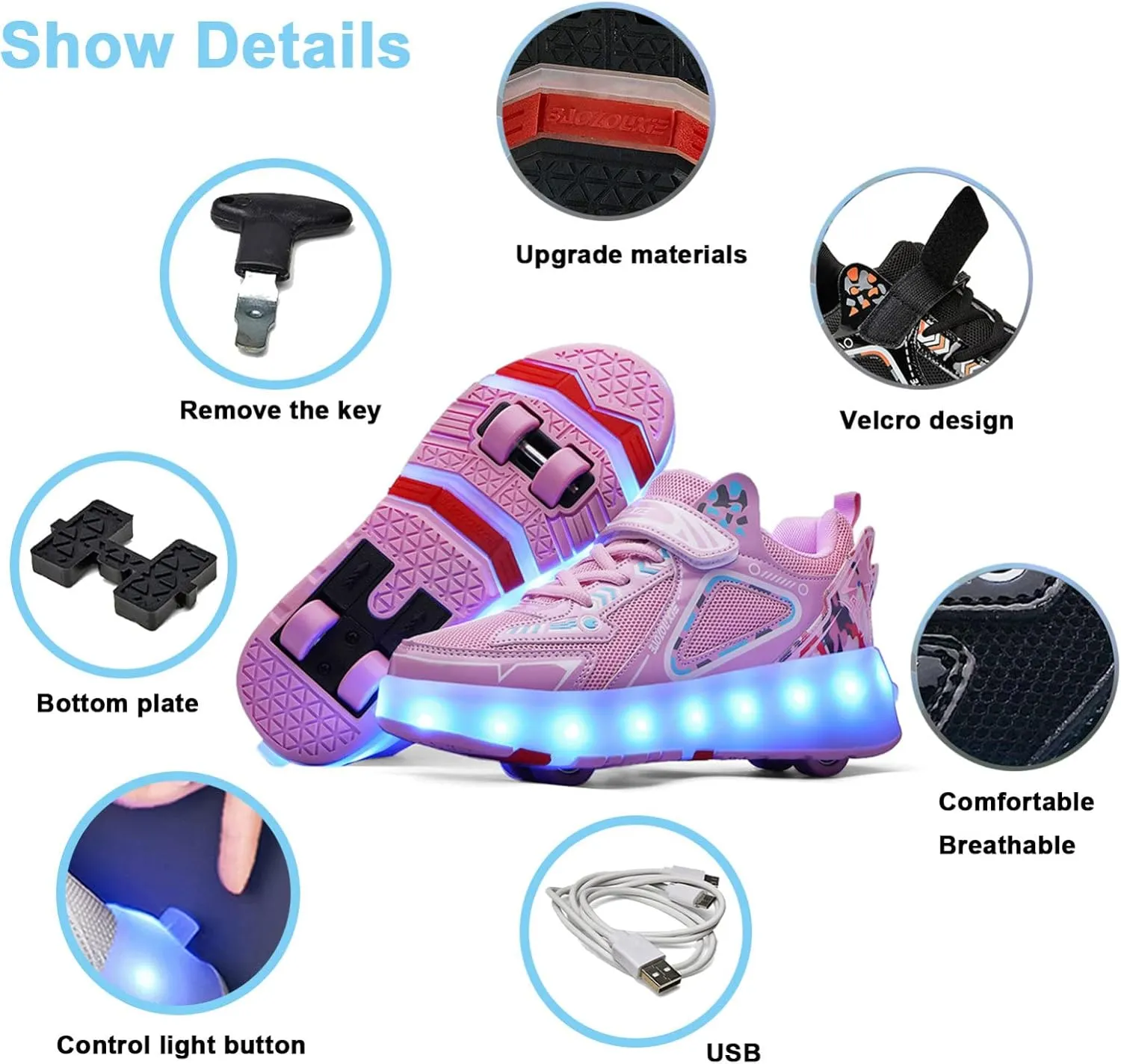 EMDPBD Kids Roller Skates Shoes with USB Chargeable, LED Light Up Roller Shoes with 4 Wheels, Roller Shoes Girls Boys Sneakers Best Gifts,Pink-12.5LittleKid
