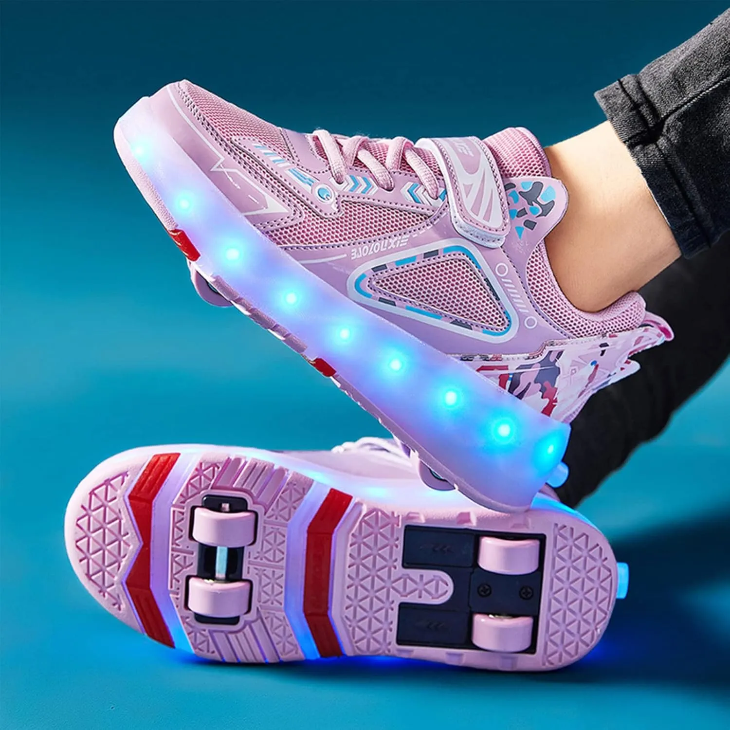 EMDPBD Kids Roller Skates Shoes with USB Chargeable, LED Light Up Roller Shoes with 4 Wheels, Roller Shoes Girls Boys Sneakers Best Gifts,Pink-12.5LittleKid