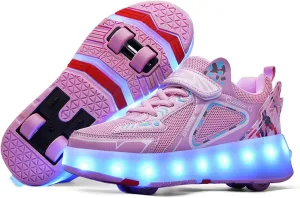 EMDPBD Kids Roller Skates Shoes with USB Chargeable, LED Light Up Roller Shoes with 4 Wheels, Roller Shoes Girls Boys Sneakers Best Gifts,Pink-12.5LittleKid