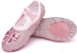 Girls Ballet Shoes Glitter Split-Sole Dance Slippers Toddler Kid Practice Shoes Flats Soft Lightweight with Elastic Laces for Performance Gymnastics Yoga