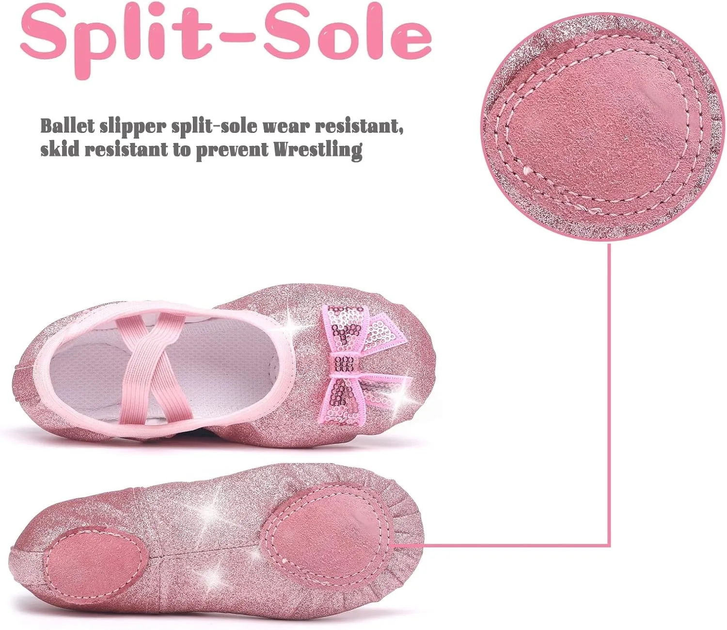Girls Ballet Shoes Glitter Split-Sole Dance Slippers Toddler Kid Practice Shoes Flats Soft Lightweight with Elastic Laces for Performance Gymnastics Yoga