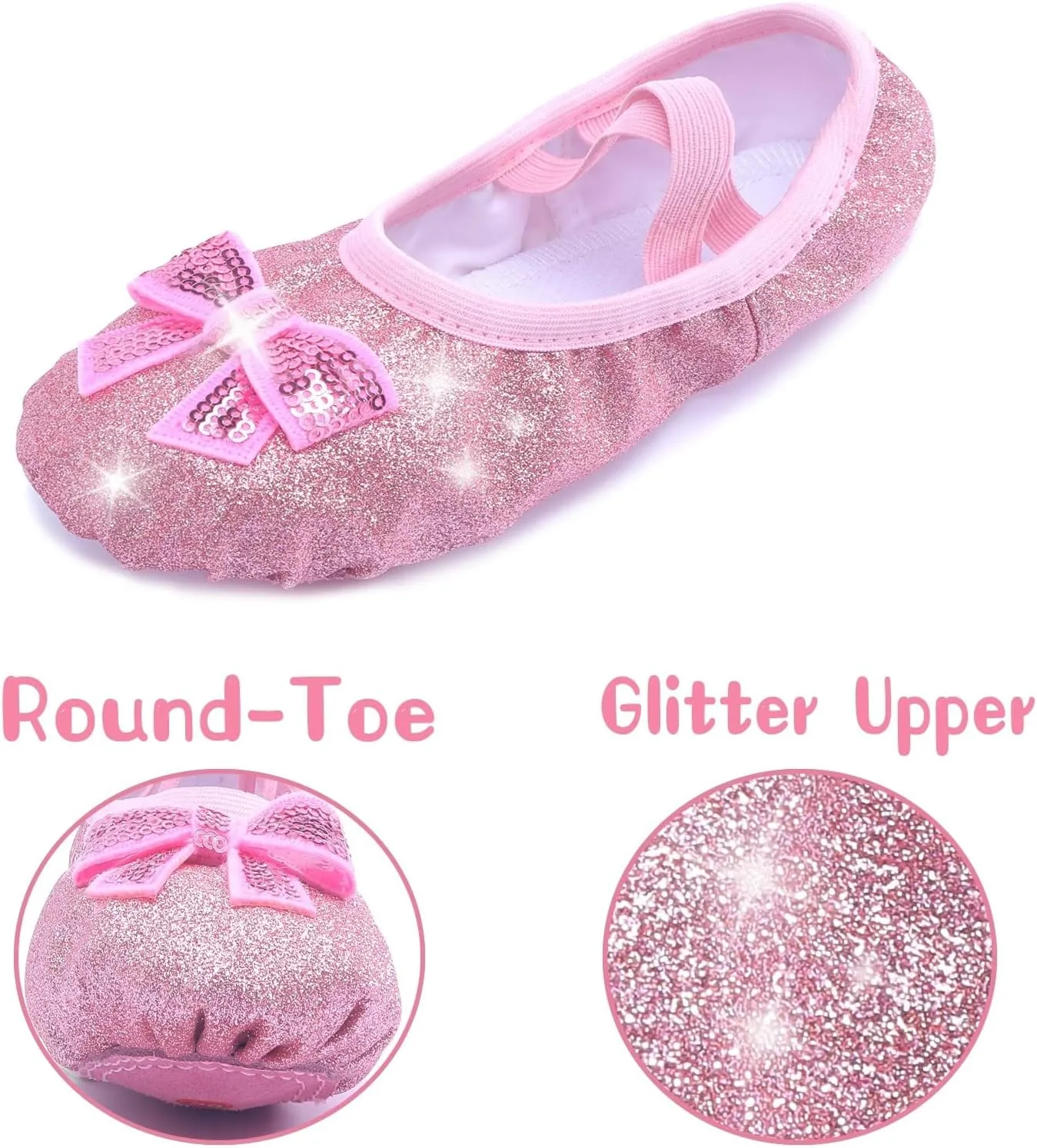 Girls Ballet Shoes Glitter Split-Sole Dance Slippers Toddler Kid Practice Shoes Flats Soft Lightweight with Elastic Laces for Performance Gymnastics Yoga