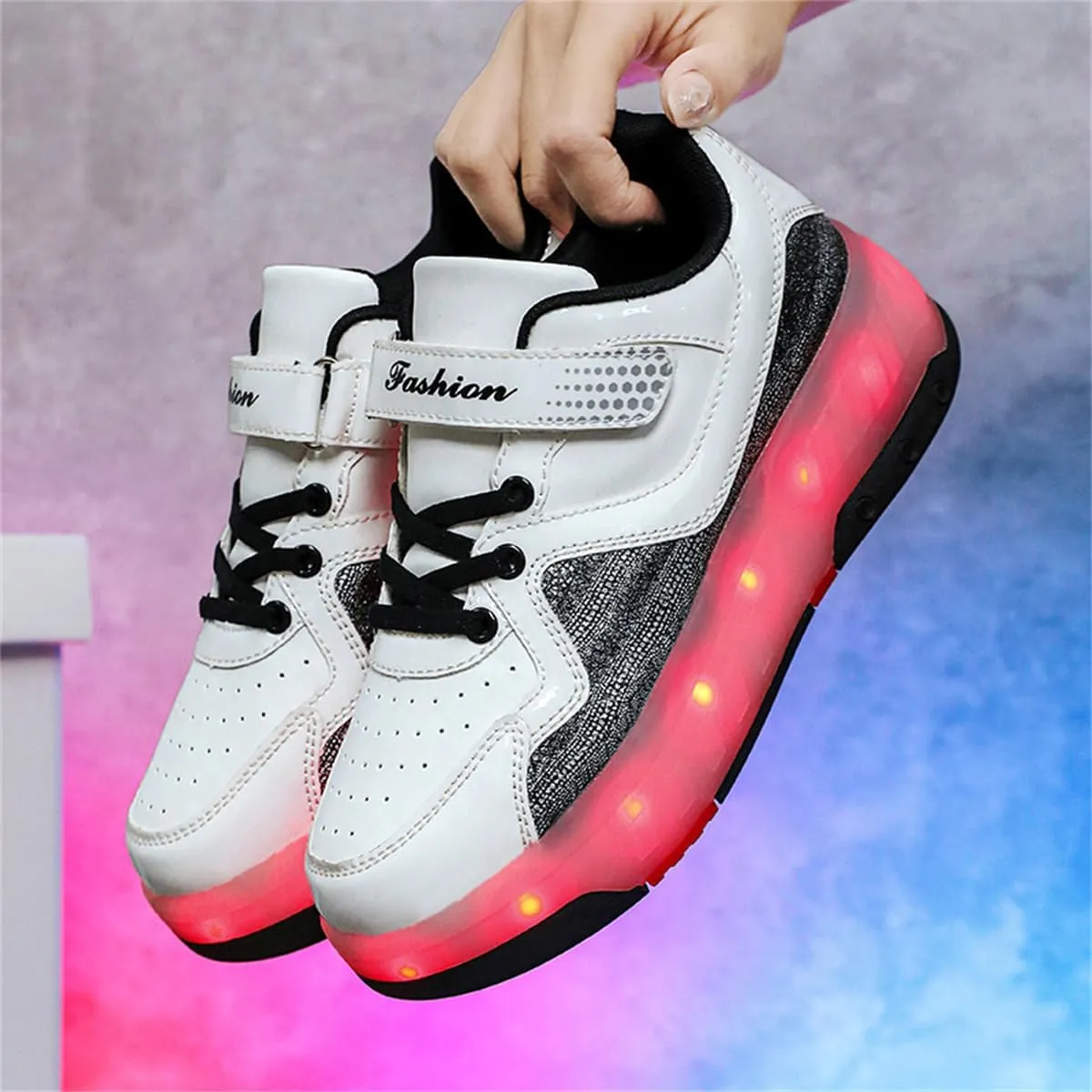 Kids LED Light Up Roller Shoes Sneakers 4-Wheel Removable Roller Skates USB Rechargeable Shoes with Wheels for Boys Girls Kids Birthday Gift