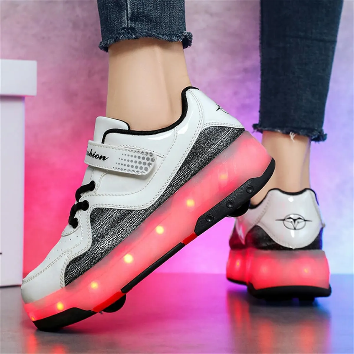 Kids LED Light Up Roller Shoes Sneakers 4-Wheel Removable Roller Skates USB Rechargeable Shoes with Wheels for Boys Girls Kids Birthday Gift