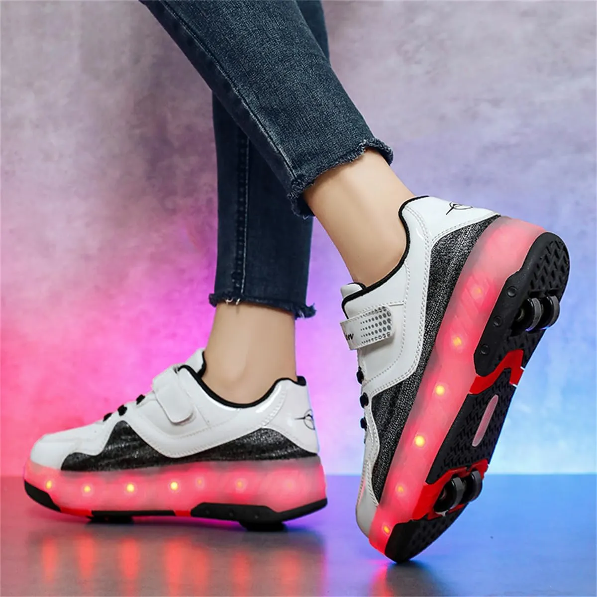 Kids LED Light Up Roller Shoes Sneakers 4-Wheel Removable Roller Skates USB Rechargeable Shoes with Wheels for Boys Girls Kids Birthday Gift