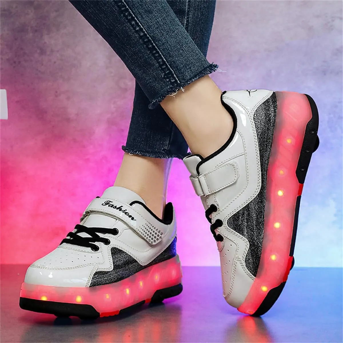 Kids LED Light Up Roller Shoes Sneakers 4-Wheel Removable Roller Skates USB Rechargeable Shoes with Wheels for Boys Girls Kids Birthday Gift