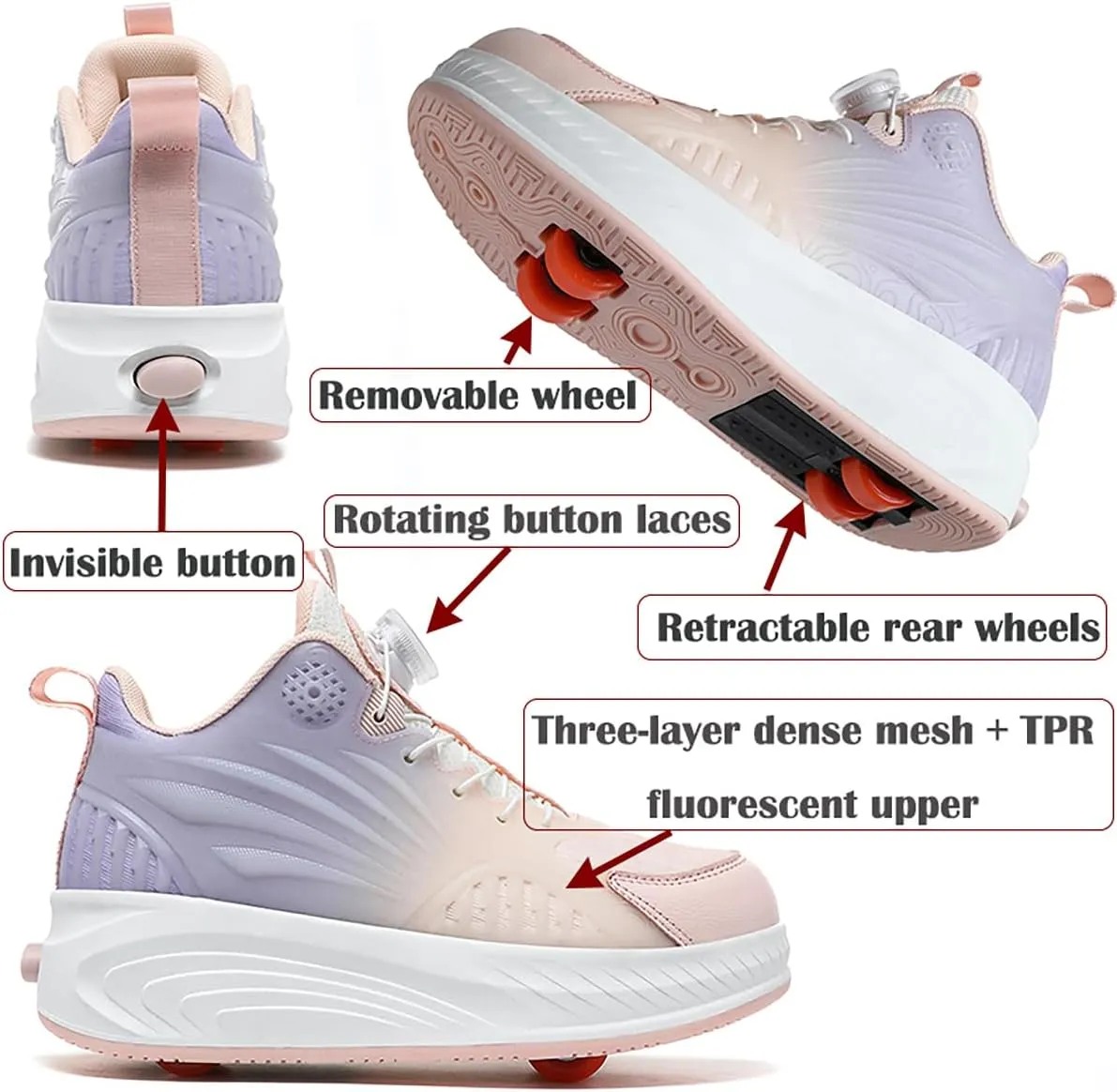 Kids Roller Skate Shoes with Detachable Wheels Fashion Sneakers for Boys & Girls, Outdoor Sports Shoes for Teens