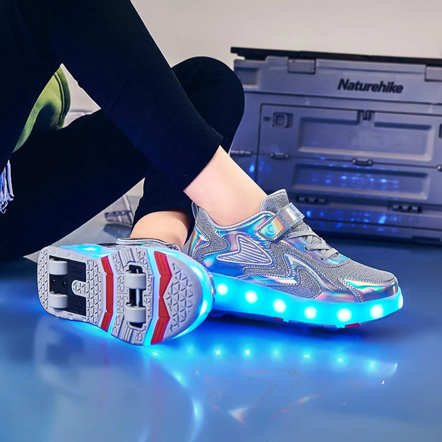 Kids Roller Skates Shoes with USB Chargeable LED Lights Double Row Four Wheels Trainers for Boys and Girls,Grey-9