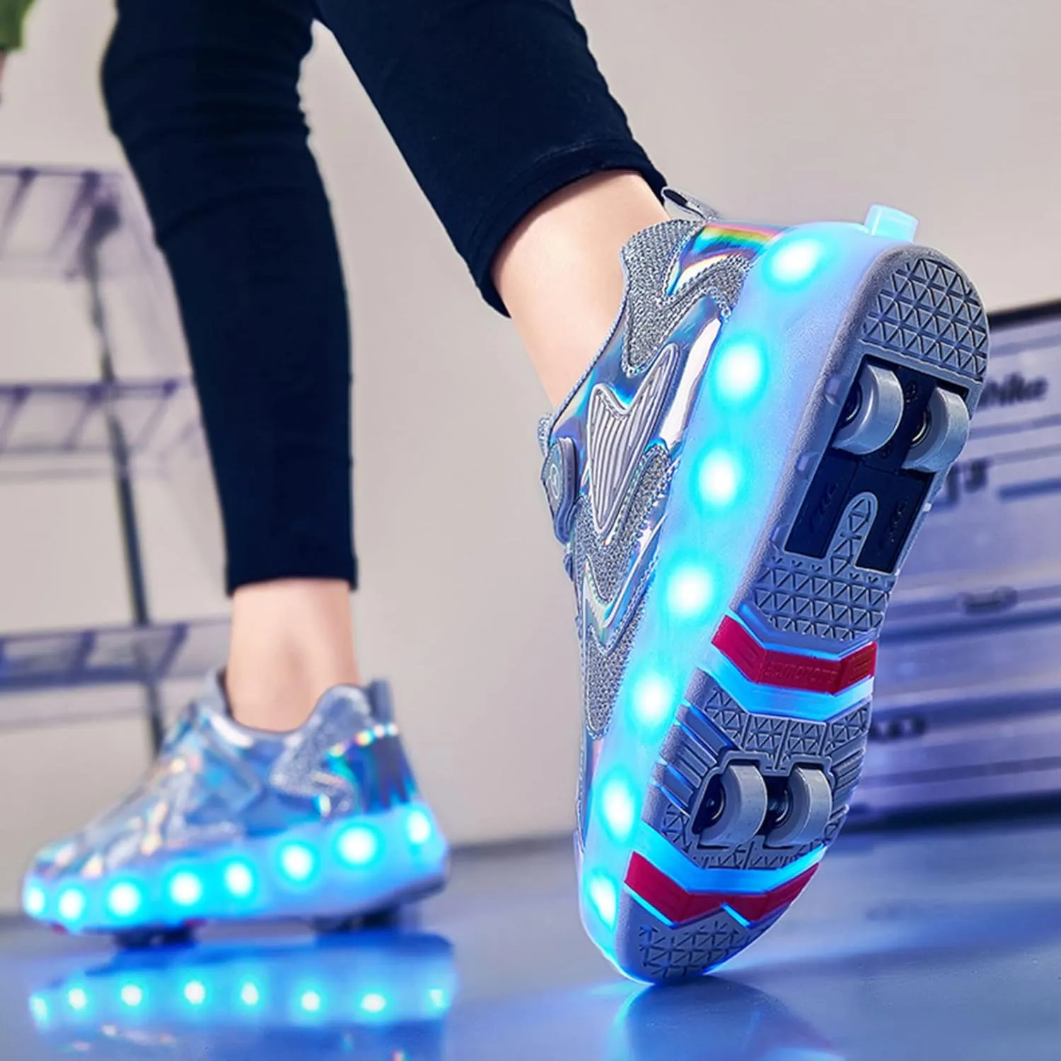 Kids Roller Skates Shoes with USB Chargeable LED Lights Double Row Four Wheels Trainers for Boys and Girls,Grey-9