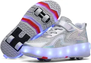 Kids Roller Skates Shoes with USB Chargeable LED Lights Double Row Four Wheels Trainers for Boys and Girls,Grey-9