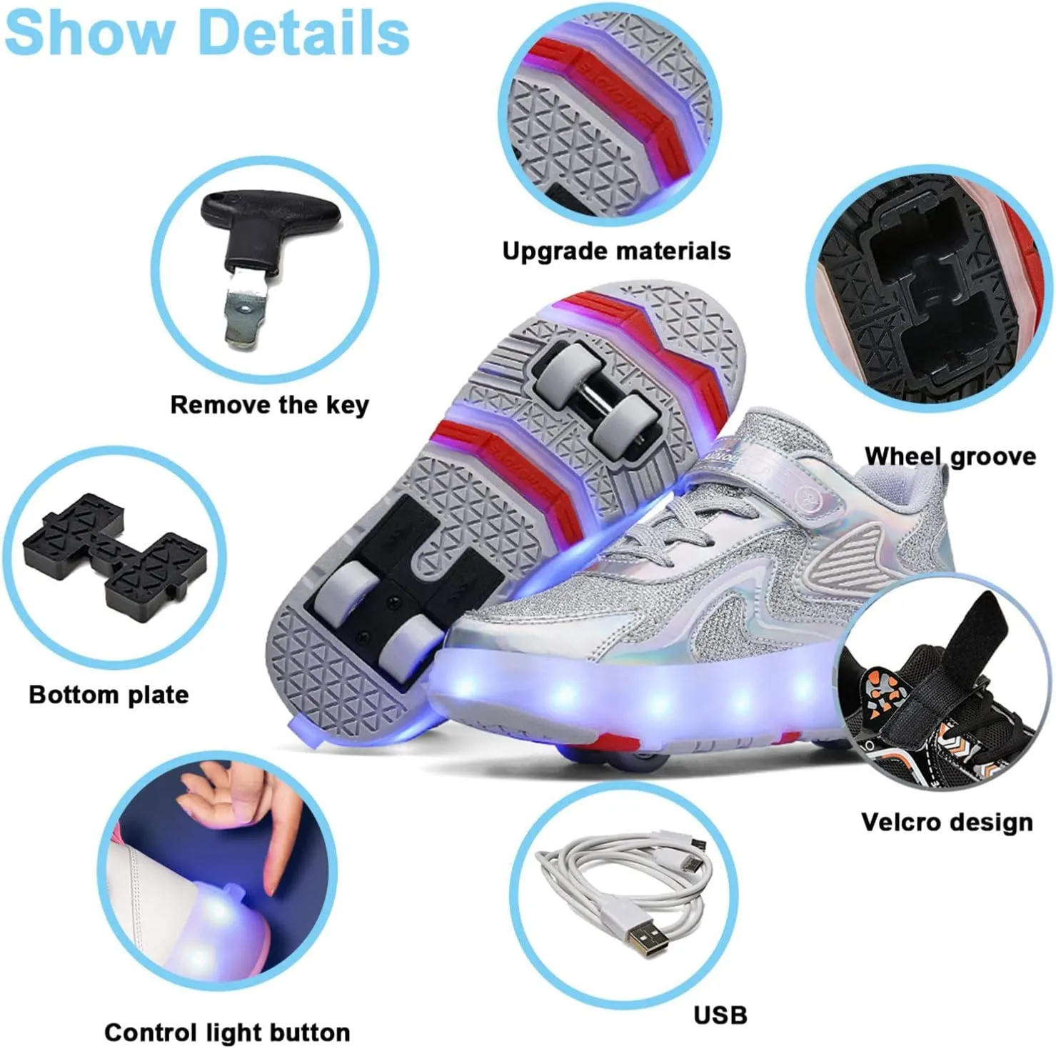 Kids Roller Skates Shoes with USB Chargeable LED Lights Double Row Four Wheels Trainers for Boys and Girls,Grey-9