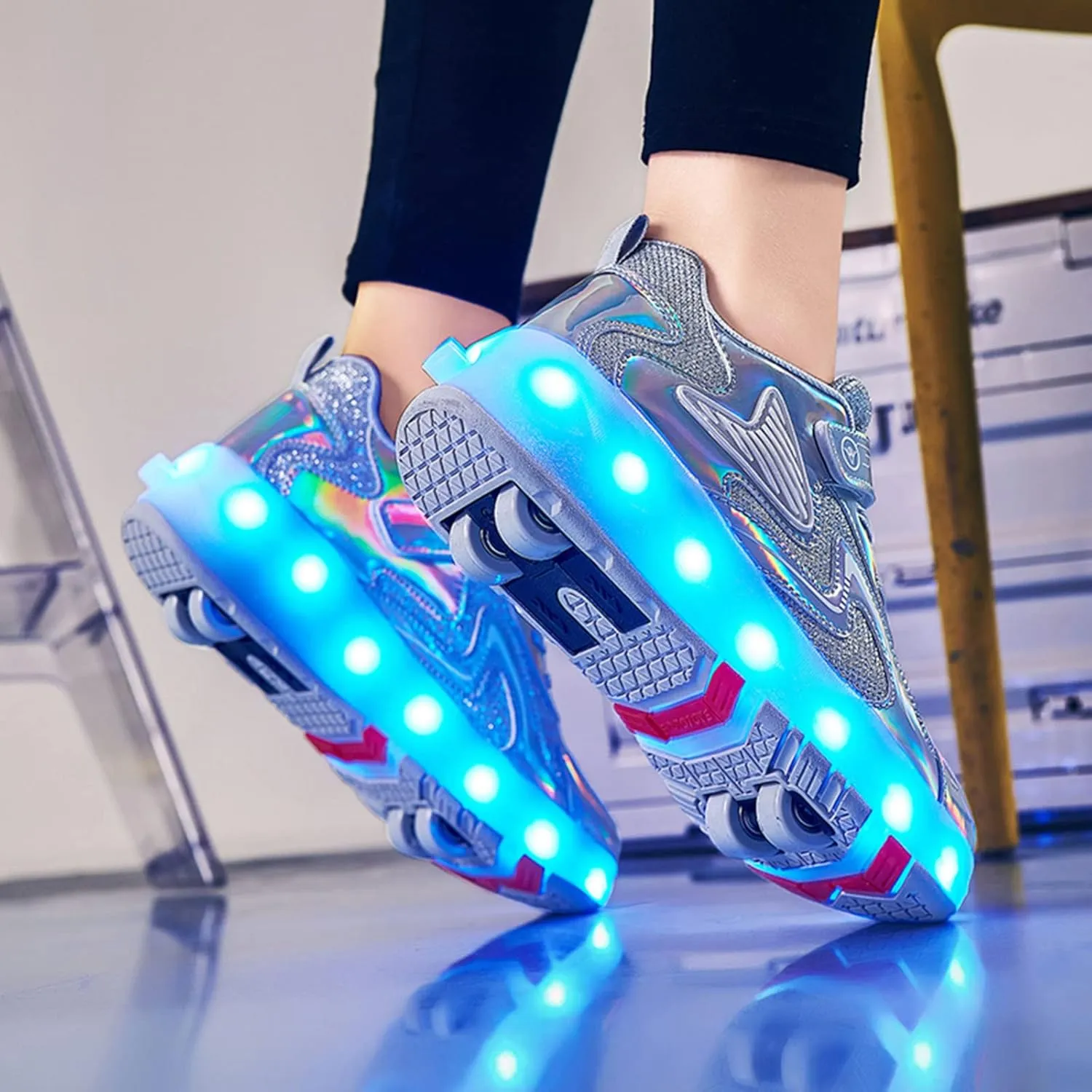 Kids Roller Skates Shoes with USB Chargeable LED Lights Double Row Four Wheels Trainers for Boys and Girls,Grey-9