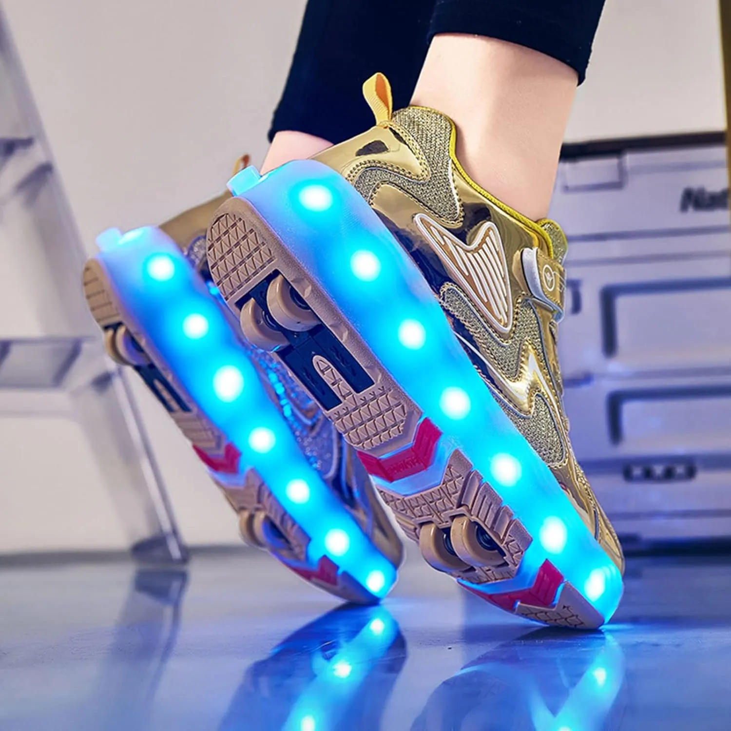 Kids Roller Skates Shoes with USB Chargeable LED Lights Double Row Four Wheels Trainers for Boys and Girls,Yellow-1.5LittleKid