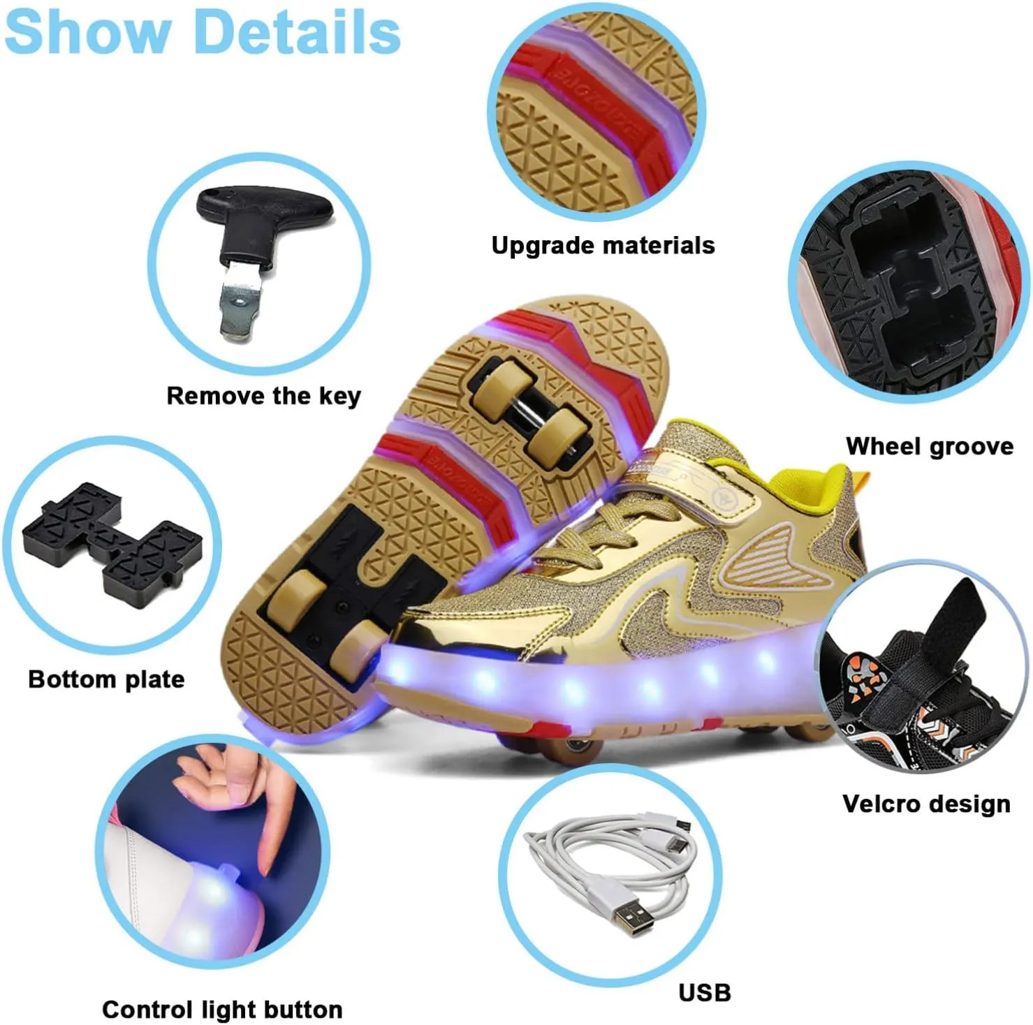 Kids Roller Skates Shoes with USB Chargeable LED Lights Double Row Four Wheels Trainers for Boys and Girls,Yellow-1.5LittleKid