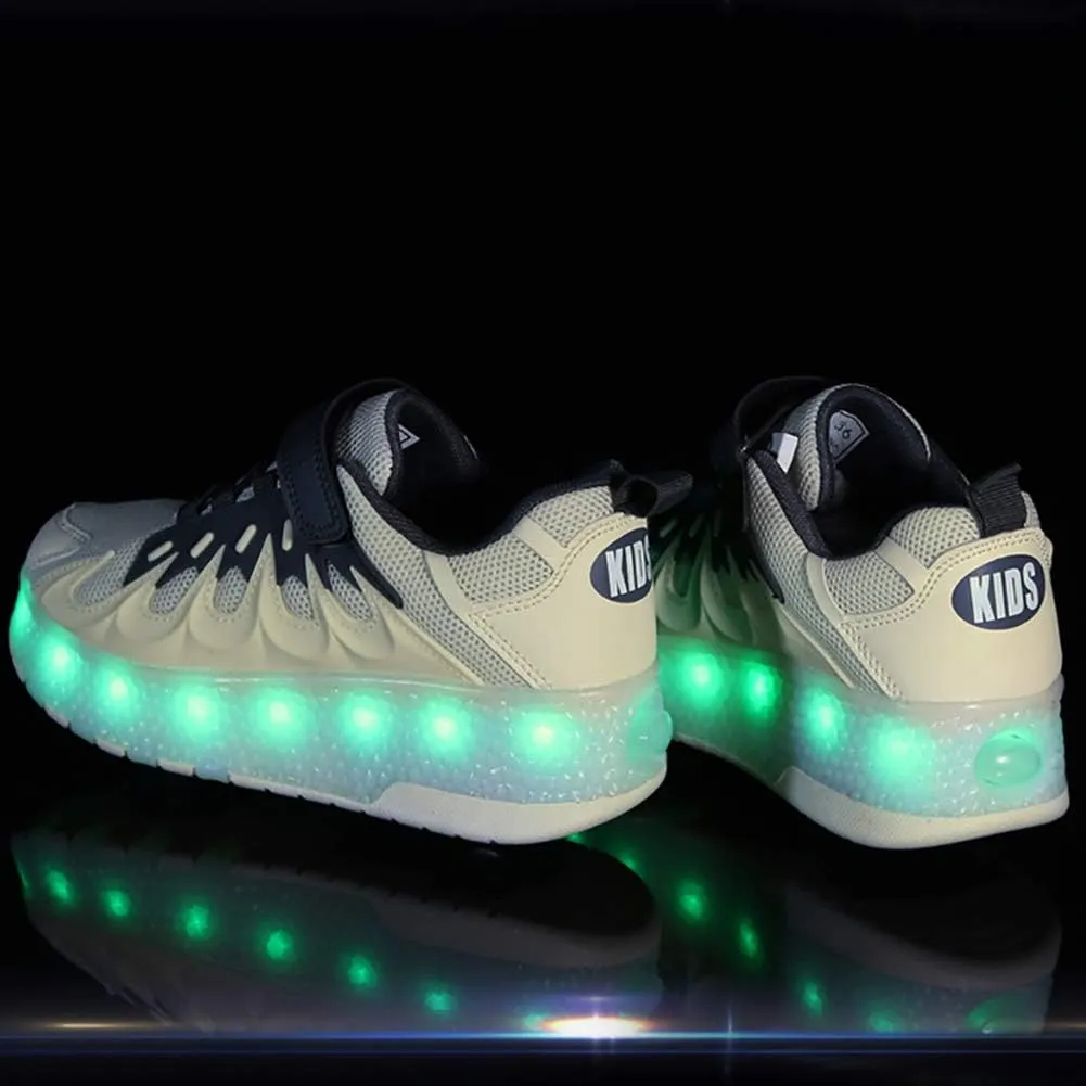 Kids USB Charging Led Light Up Shoes Breathable Mesh Double Wheels Roller Skate Shoes Sneakers for Boys Girls