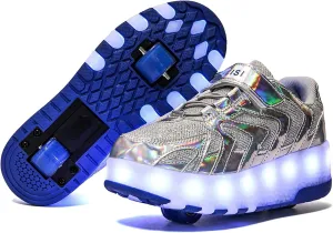 Led Roller Skate Shoes Sneakers, USB Charging Light Up Roller Shoes Boy Girl Child Adult Automatic Retractable Sneakers Fashionsilver-USA 7.5