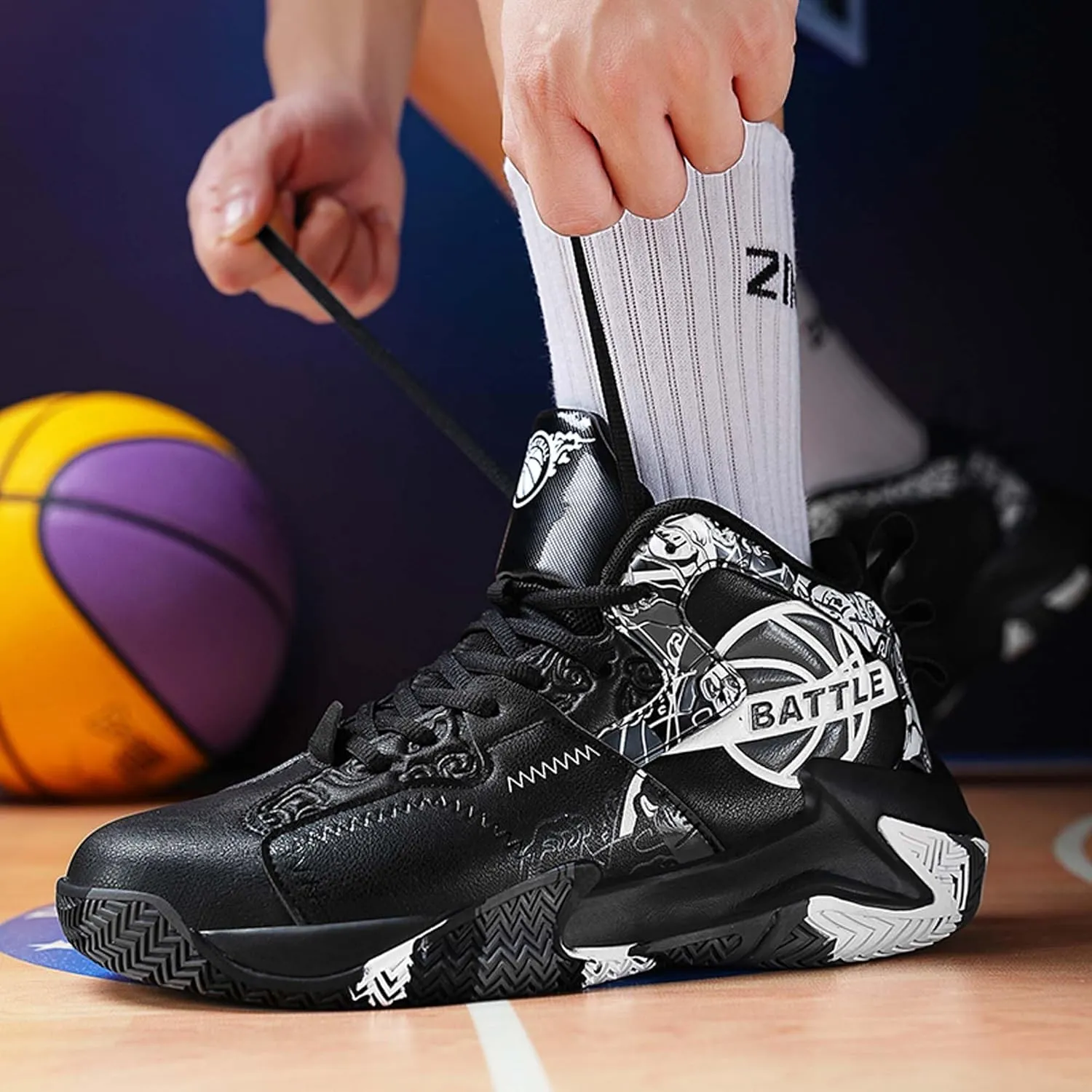 Men's Lace Up Basketball Shoes With Rubber Soles High Elasticity Running Shoes Casual And Fashionable Sneakers Non Slip And Wear-Resistant Outdoor Hiking Shoes Comfortable And Breathable Fitness Shoes