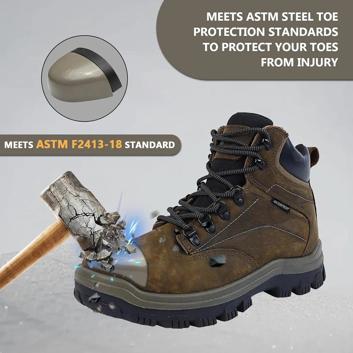 Mens steel toe work boots - ASTM Steel Toe   Waterproof   2 Different Insoles   Anti-slip Rubber Outsole   Multiple Application Scenarios