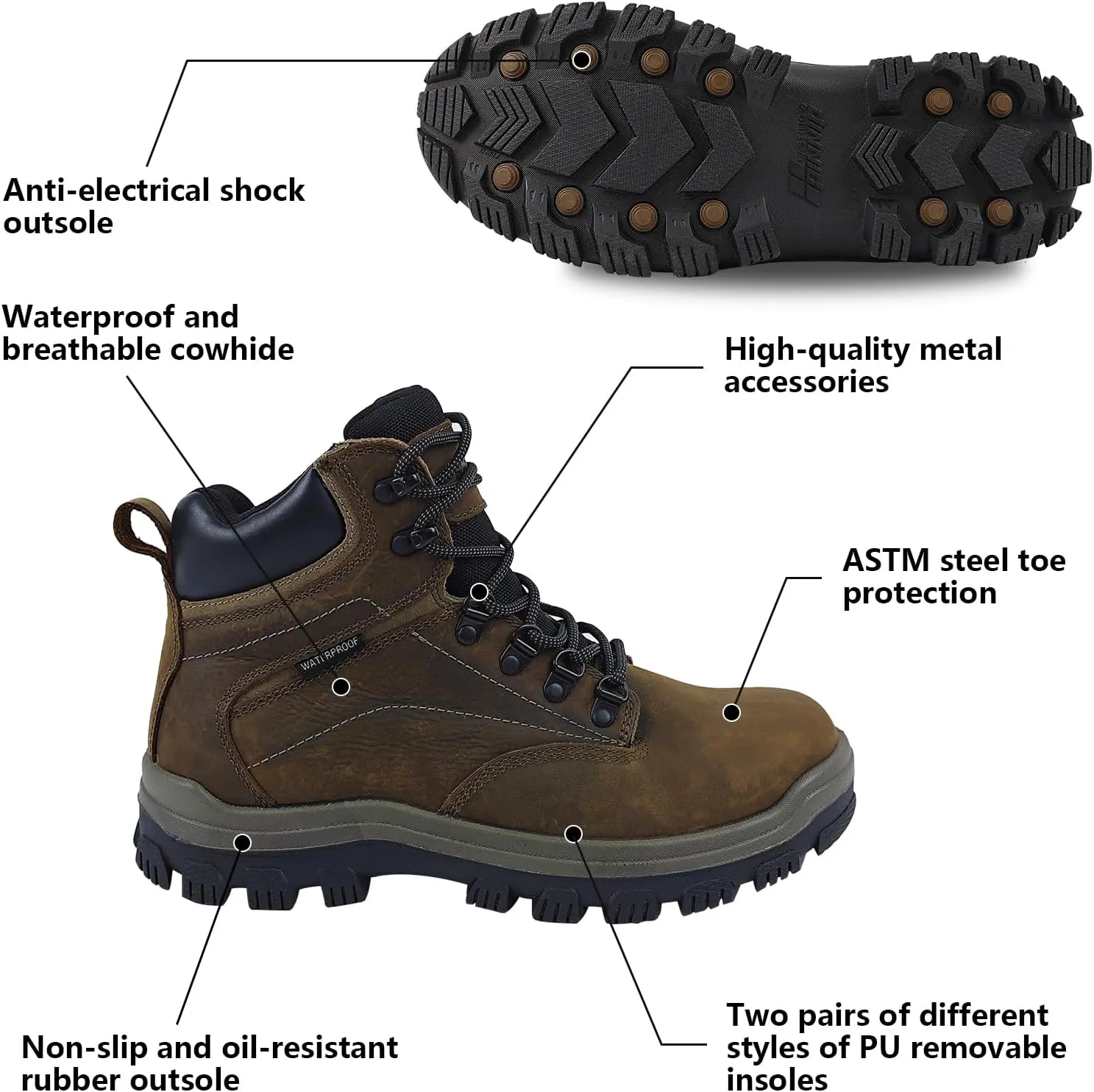 Mens steel toe work boots - ASTM Steel Toe   Waterproof   2 Different Insoles   Anti-slip Rubber Outsole   Multiple Application Scenarios