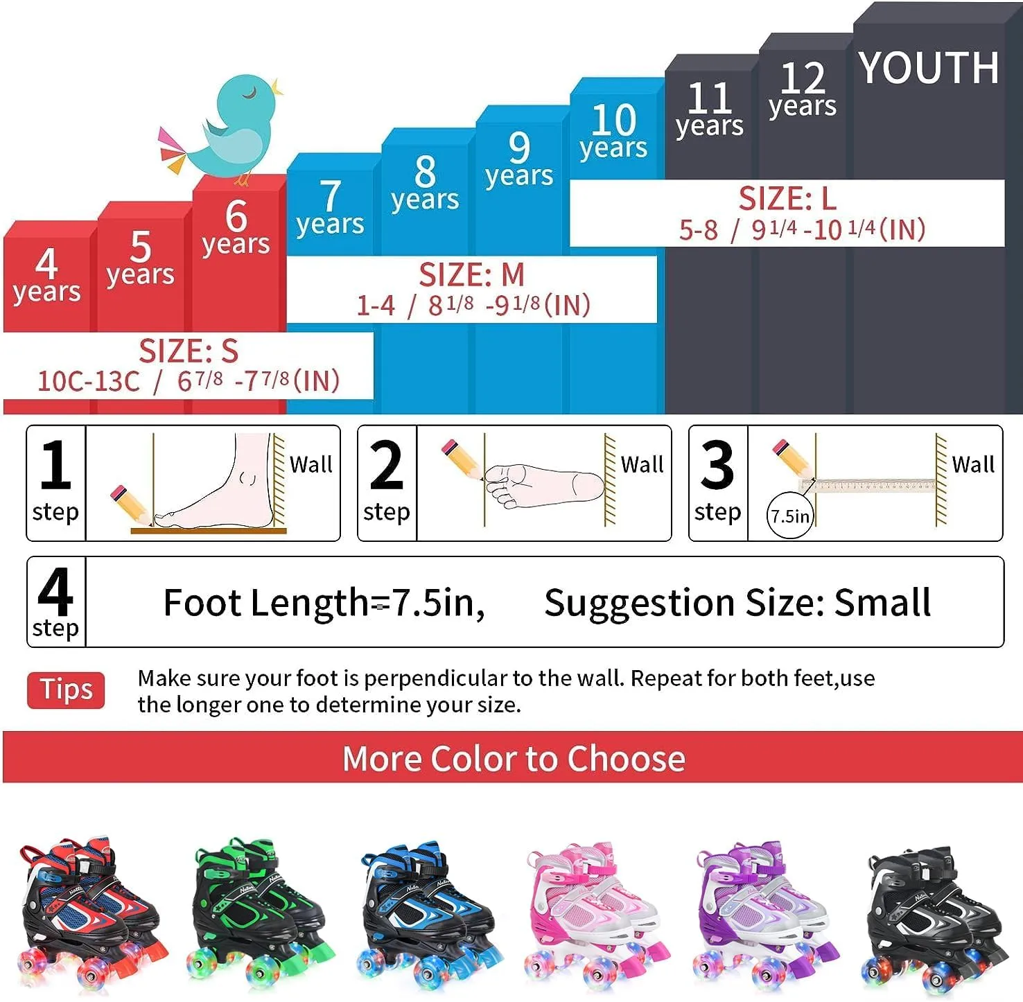 Nattork Kids Roller Skates for Boys Girls Kids, 4 Sizes Adjustable Quad Skates with All Light up Wheels - Birthday Gift for Indoor Outdoor Sports