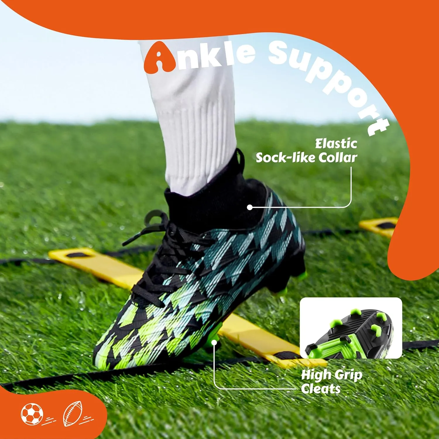 PATPAT Kids Soccer Cleats  High Top Outdoor Firm Ground and Turf Football Training Shoes for Little Big Boys and Girls, Sizes 10-6