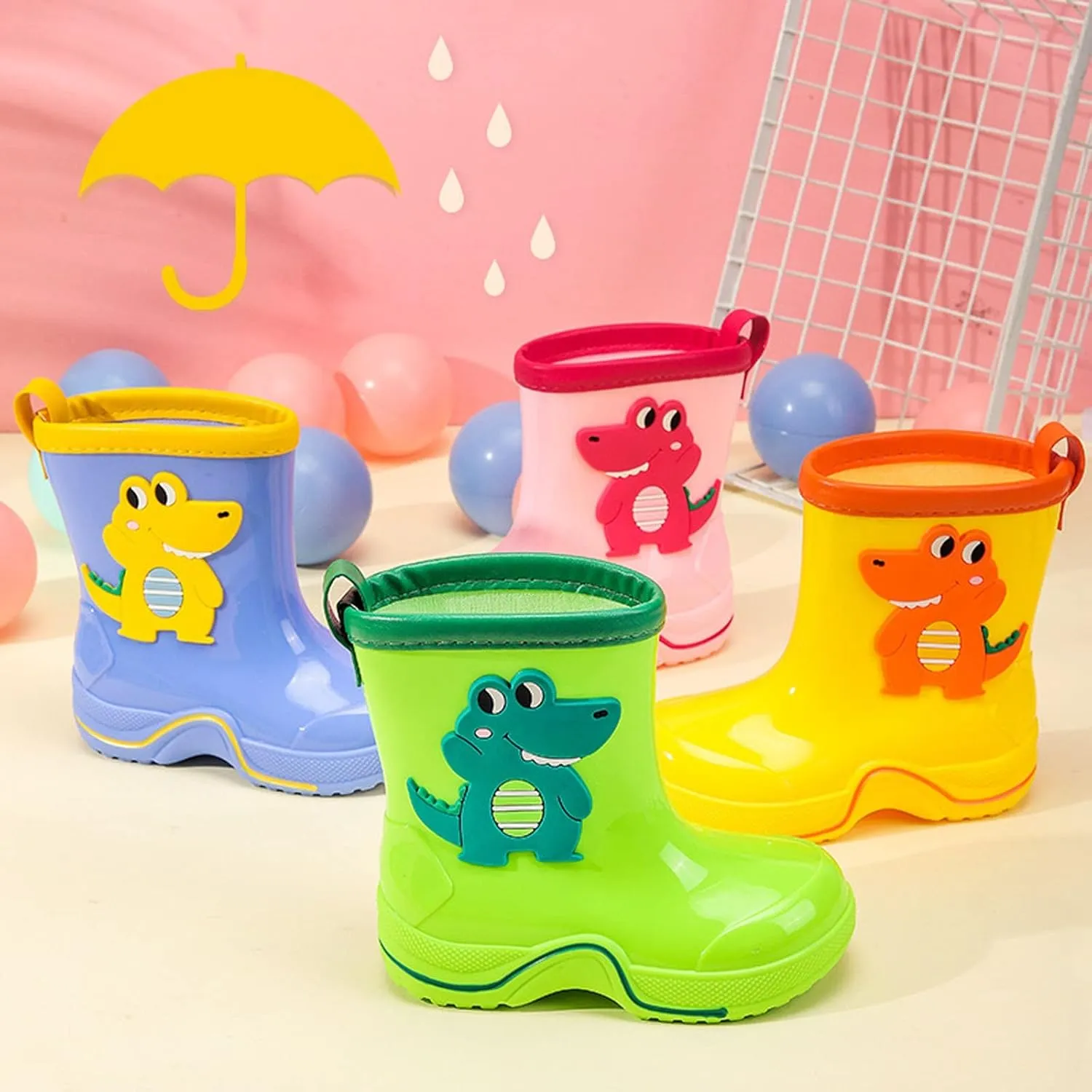 Toddler Kids Reflective Stripes Rain Boots Non Slip Waterproof Rubber Boots in 3D Patterns for Boys Kids Water Shoes