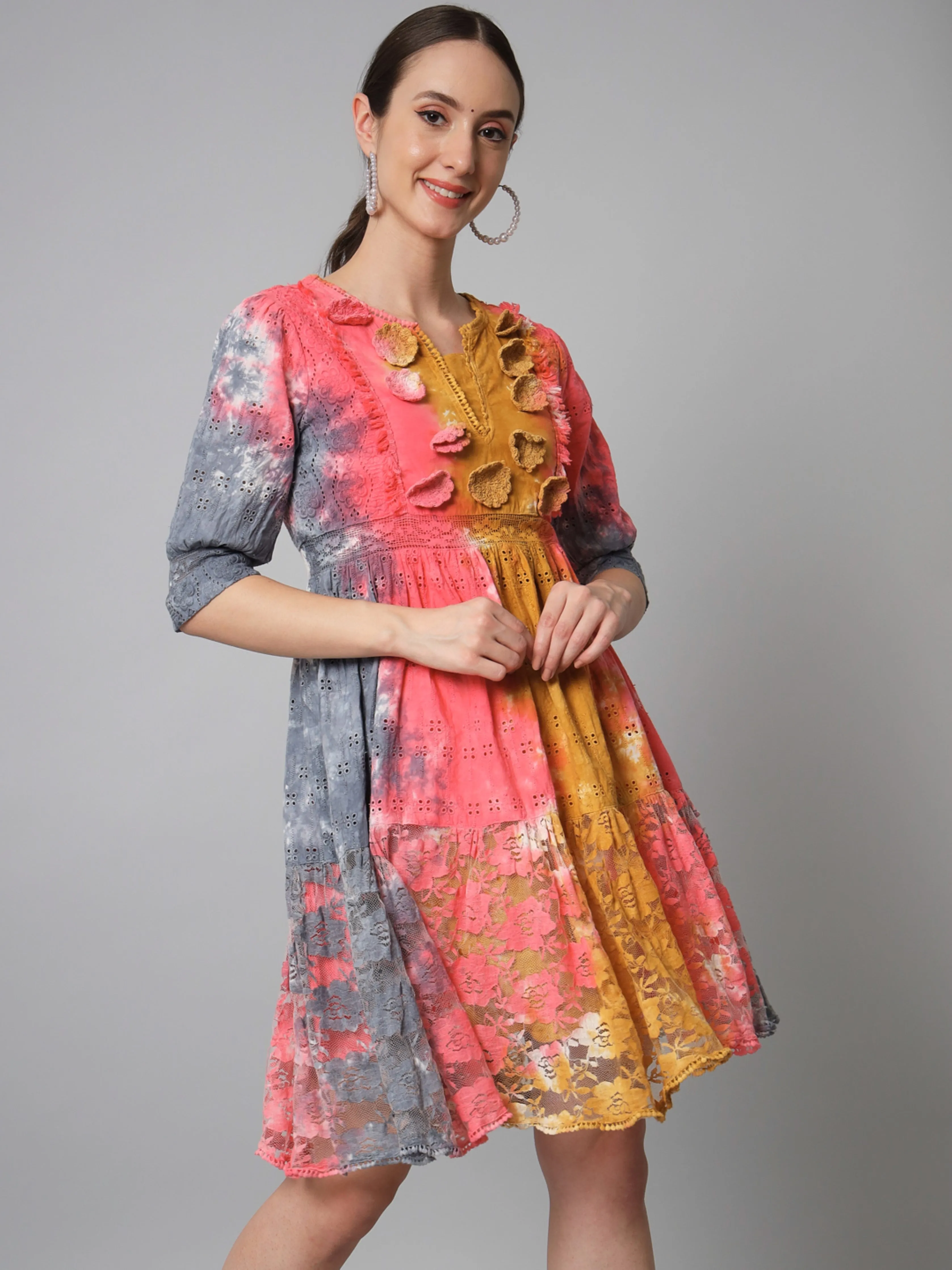 Womens Multicolor Schiffli Flared Tiered Short Dress