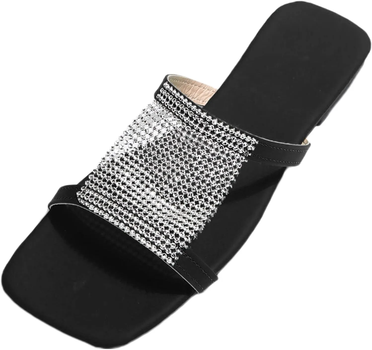 Women's Square Toe Rhinestone Flat Sandal Slippers Shoes for Women Platform Sandals Rhinestone