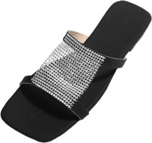 Women's Square Toe Rhinestone Flat Sandal Slippers Shoes for Women Platform Sandals Rhinestone