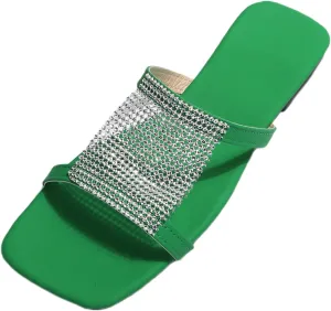 Women's Square Toe Rhinestone Flat Sandal Slippers Shoes for Women Platform Sandals Rhinestone