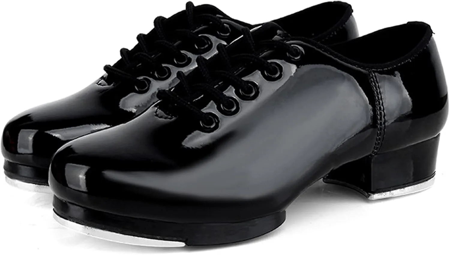 WUIWUIYU Women's Men's Black Tap Shoes Lace-Up Heels Split Sole Jazz Dance Shoes for Adult