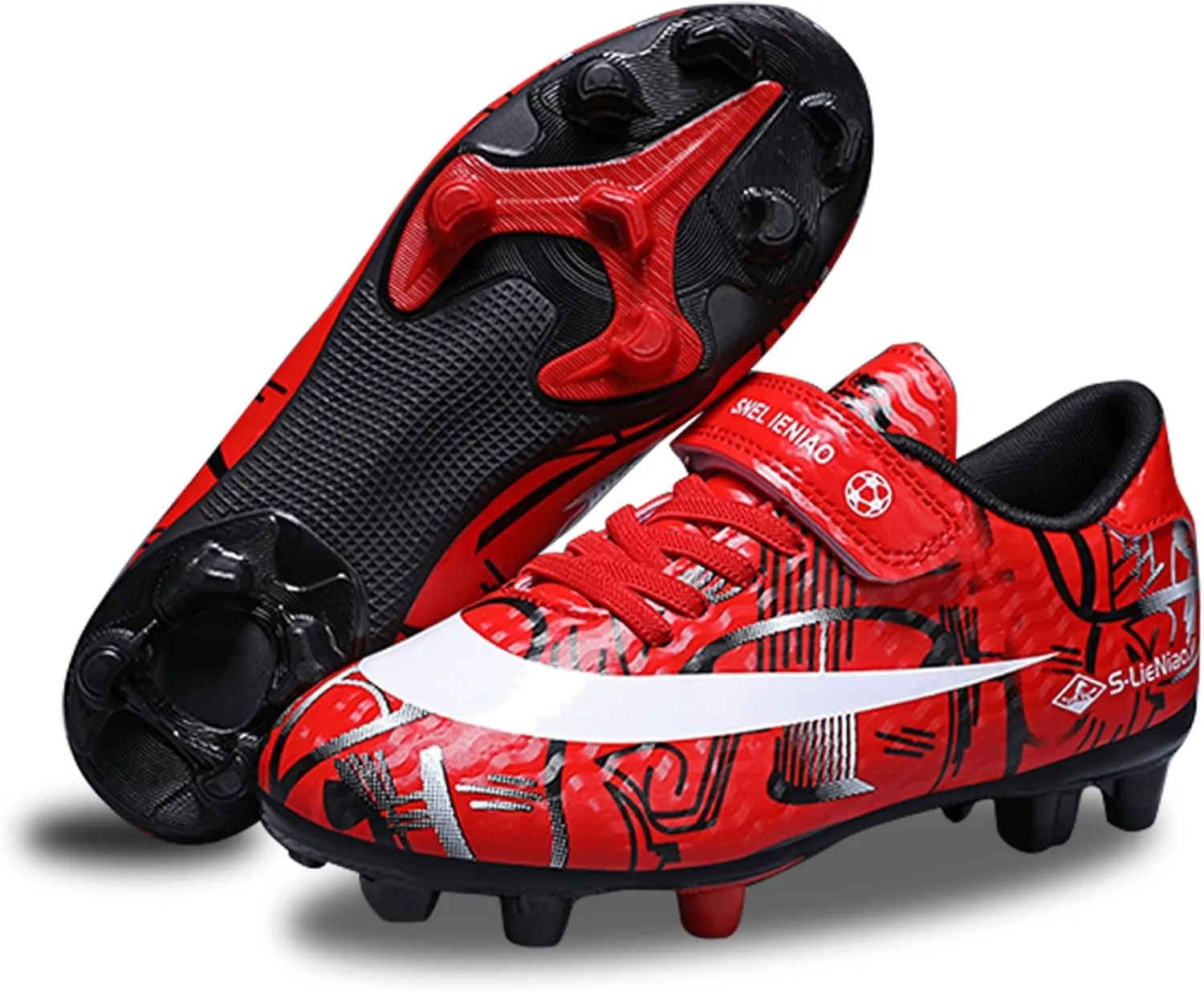 ZVC Kids Soccer Cleats Boys Girls Soccer Shoes Outdoor Firm Ground Youth Football Cleats (Little Kid/Big Kid 4) Red